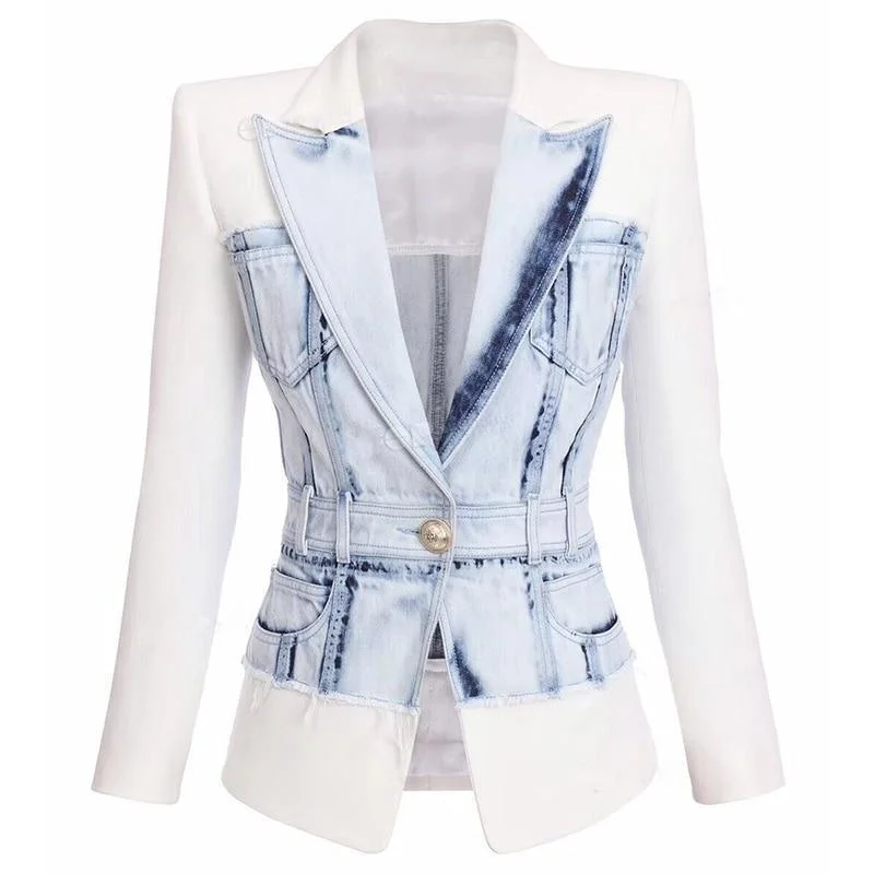 Stylish Patchwork Denim Blazer Women - Casual - Patchwork