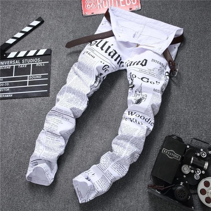 Trendy Apparel Unisex News Printed White Regular Fit Jeans