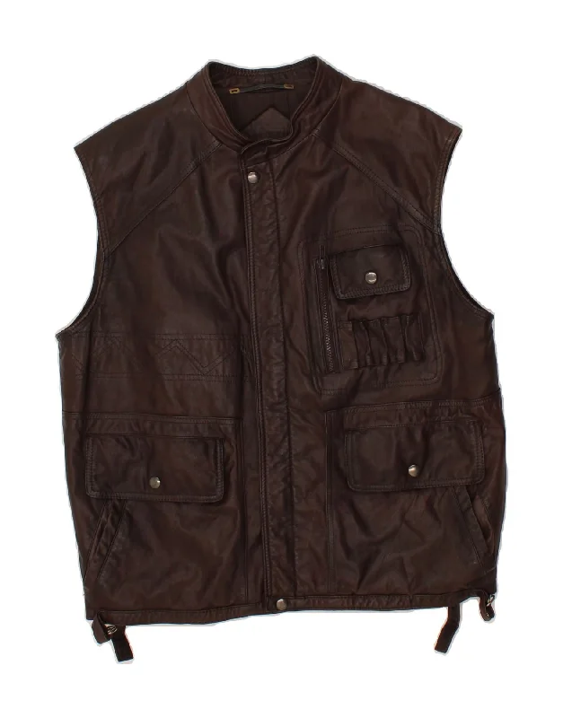 VINTAGE Mens Leather Gilet IT 46 Small Brown Leather