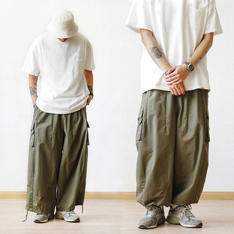Relaxed Pants Men's Casual Solid Color Cargo Pants - Baggy Wide-leg Cropped Pants