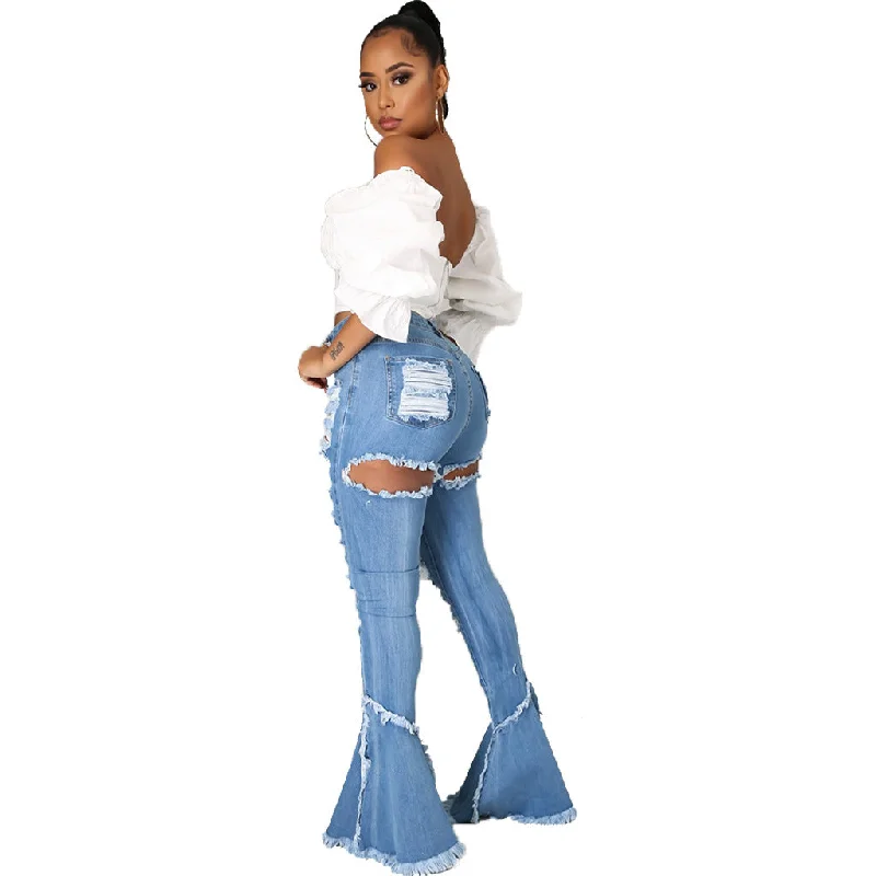 Casual Outfit Raw-edged Ripped Flared Jeans