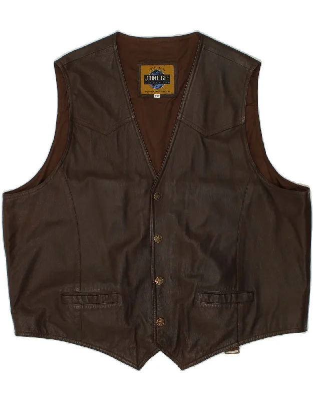 VINTAGE Mens Leather Waistcoat XL Brown Leather