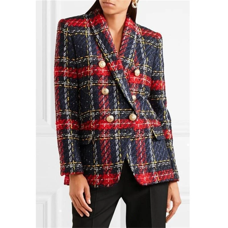 Versatile Looks Plaid Tweed Blazer - Double-Breasted Blazer Women - Casual - Plaid