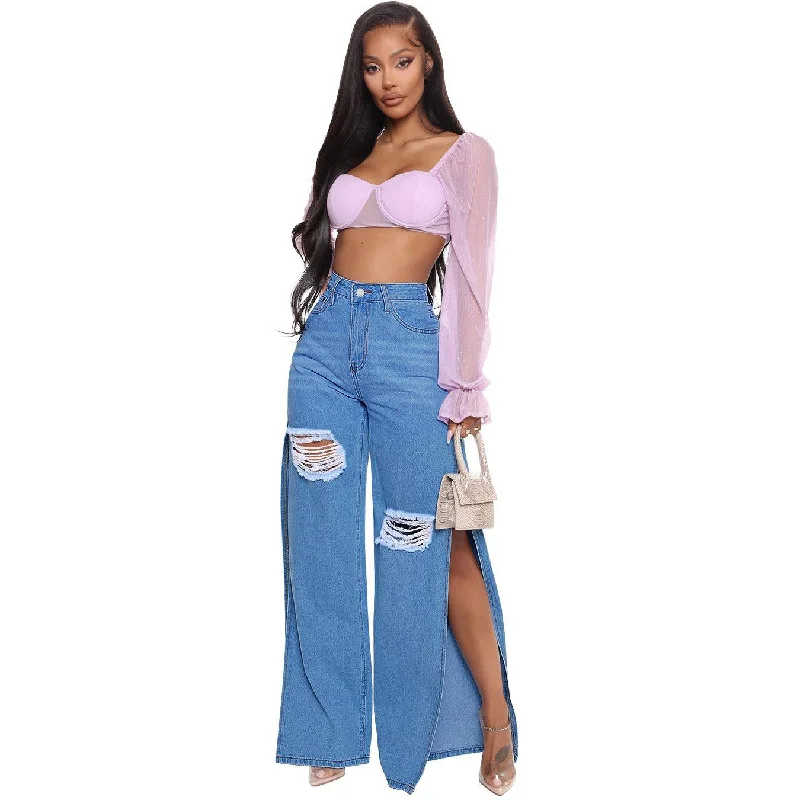 Casual Comfort Summer Fashion Ripped Split Jeans