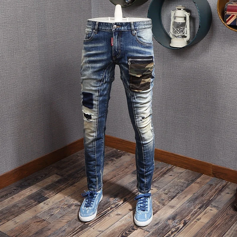 Men's Fashion Distressed Jeans W/ Camo Pocket