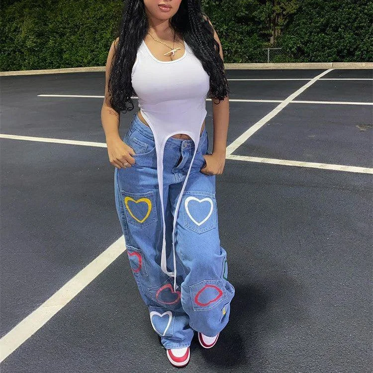 Lightwear Options Multi-pocket Colorful Heart Print Jeans