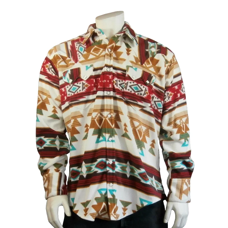 Men's Native Pattern Fleece Western Shirt in Tan & Red