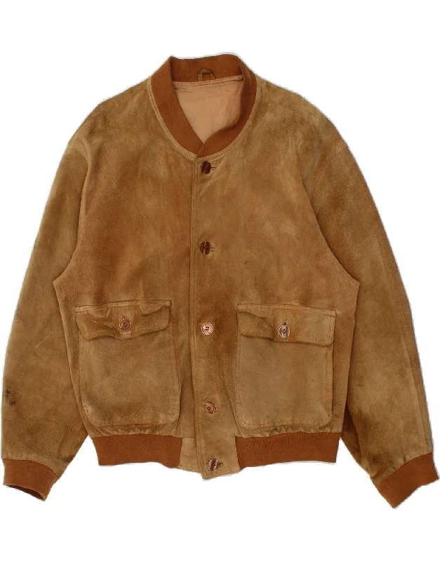 Premium Fabric VINTAGE Mens Suede Bomber Jacket UK 40 Large Brown