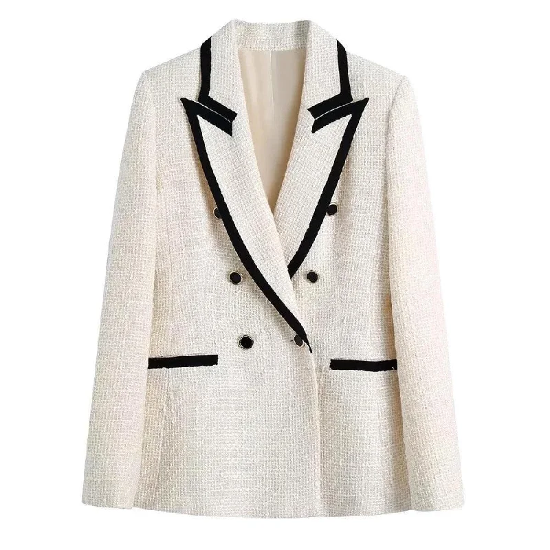 Casual Jackets Chic Off-White Tweed Blazer Women - Vintage - Patchwork