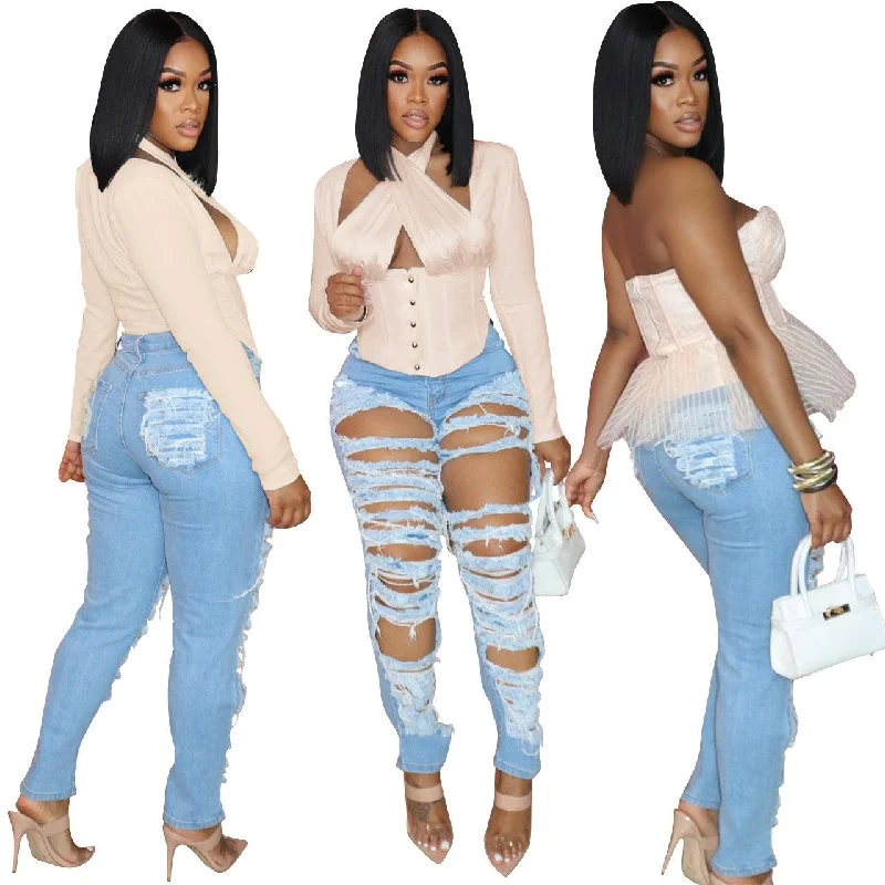 Versatile Wardrobe Washed And Frayed Straight-leg Jeans