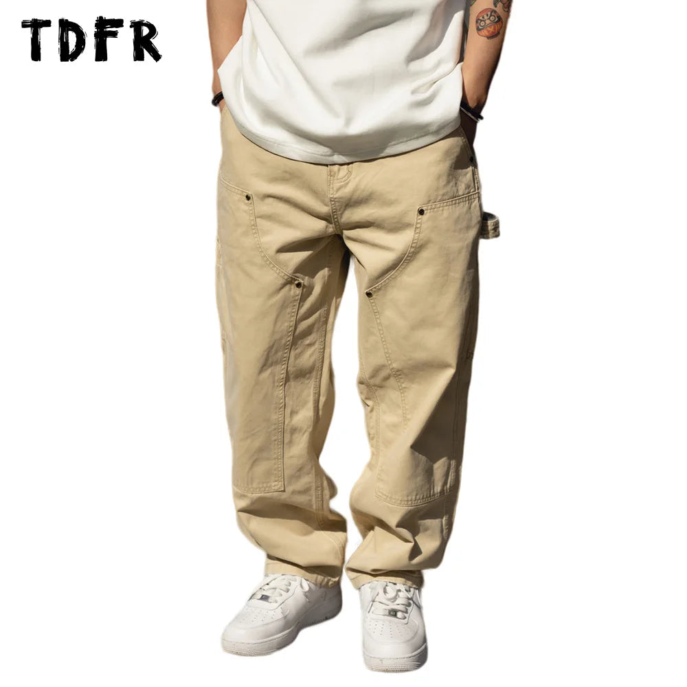 Lounge Wear Multi-Pocket Cargo Pants - Washed Distressed Retro Loose Straight-leg
