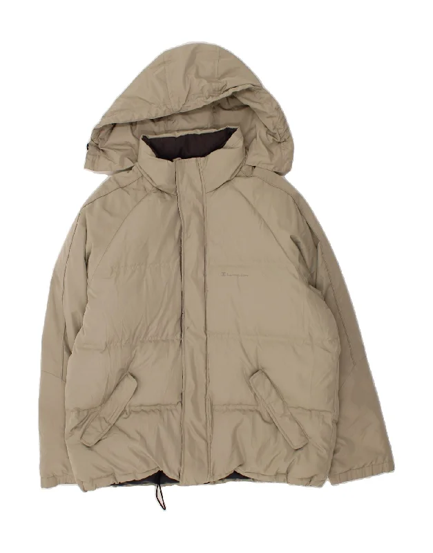 CHAMPION Mens Hooded Padded Jacket UK 38 Medium Beige Polyester