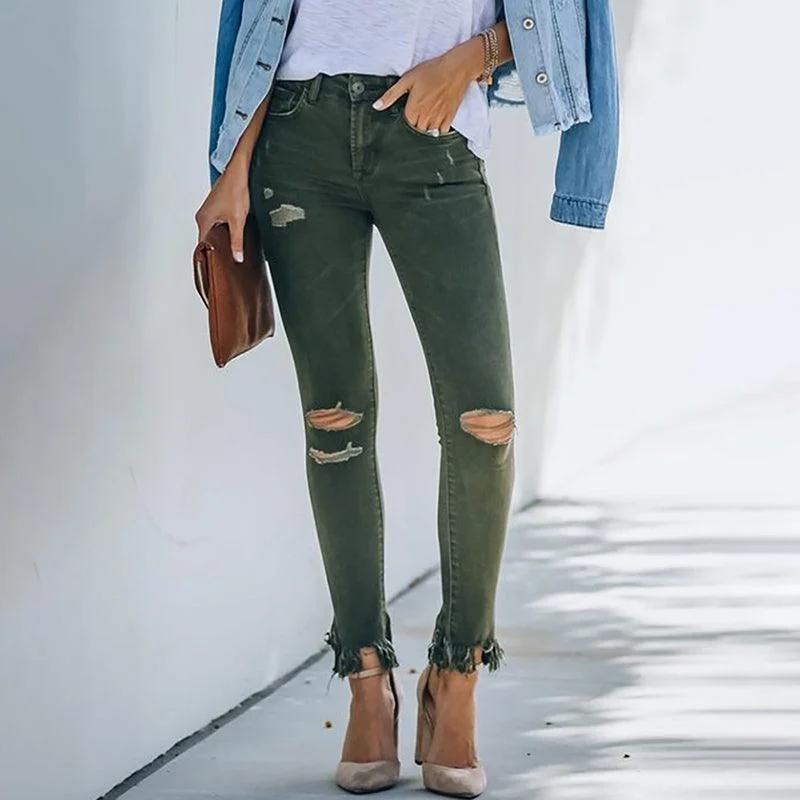 Laid-Back Style New Dark Green Raw Design Ripped Jeans