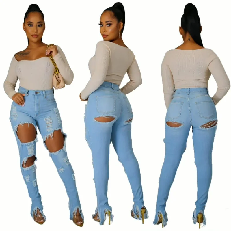 Casual Wear Shredded Fringe Irregular Slit Pencil Jeans