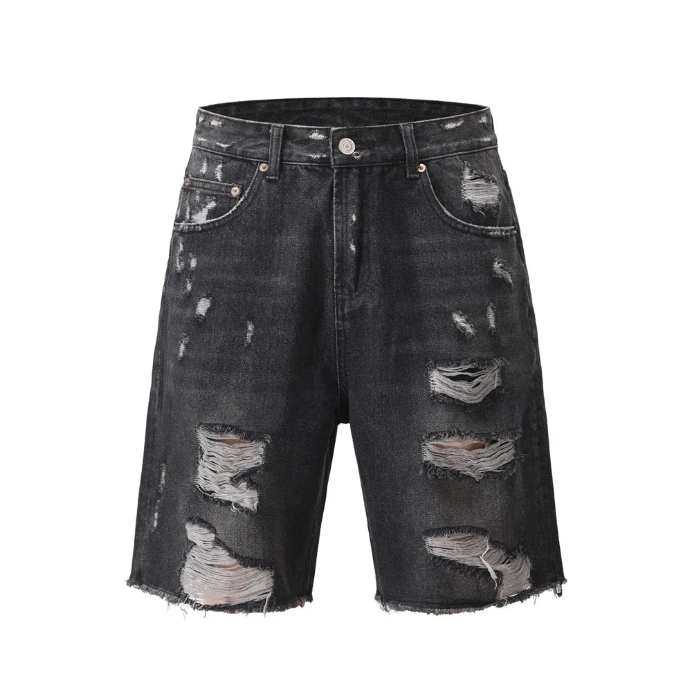 Vintage Style Rap Loose Hole Zipper Straight Trend Jeans Shorts