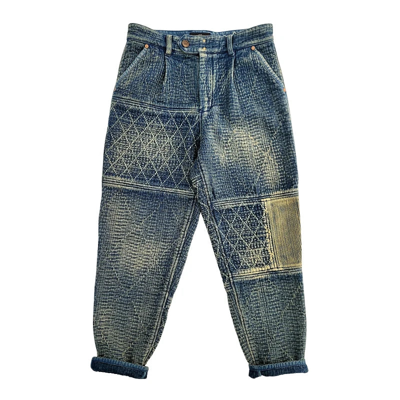 Timeless Style Men's Distressed Sashiko Tapered Pants Patchwork Japanese Style Trousers