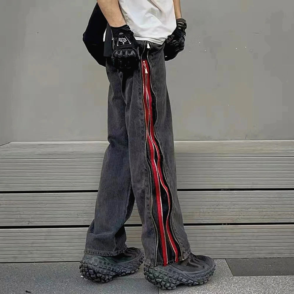 Streetwear Gothic Splice Loose Casual Black Denim Trousers