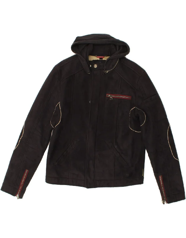 Relaxed Wear ARMANI JEANS Mens Hooded Sherpa Jacket IT 50 Large Black Patchwork