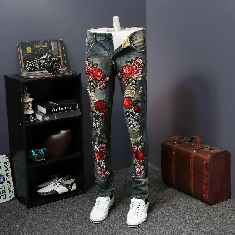 Men's Flower Embroidery Hip Hop Jeans