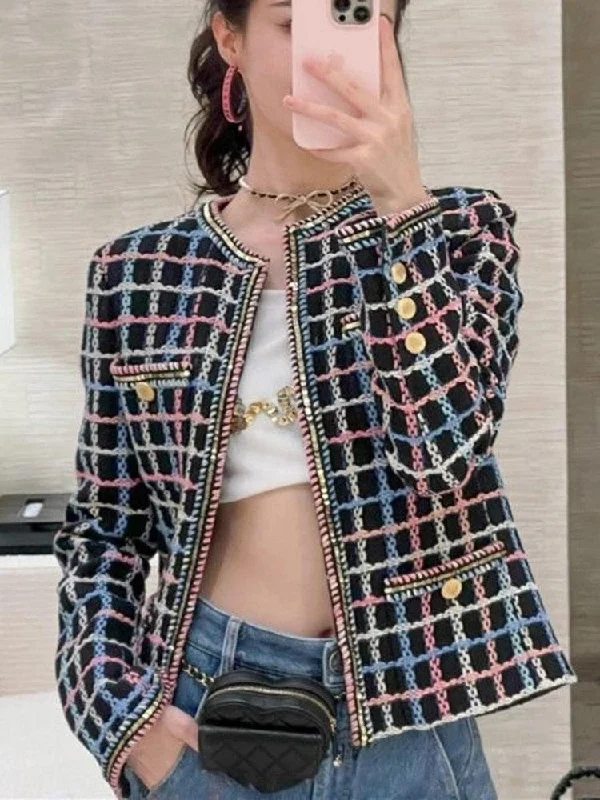 Modern Backpacks Plaid Casual Tweed Jacket Women