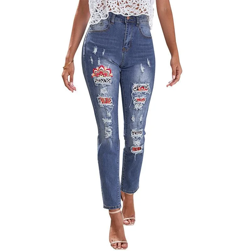 Relaxed Wear Ripped Jeans Women's Ethnic Style High Waist