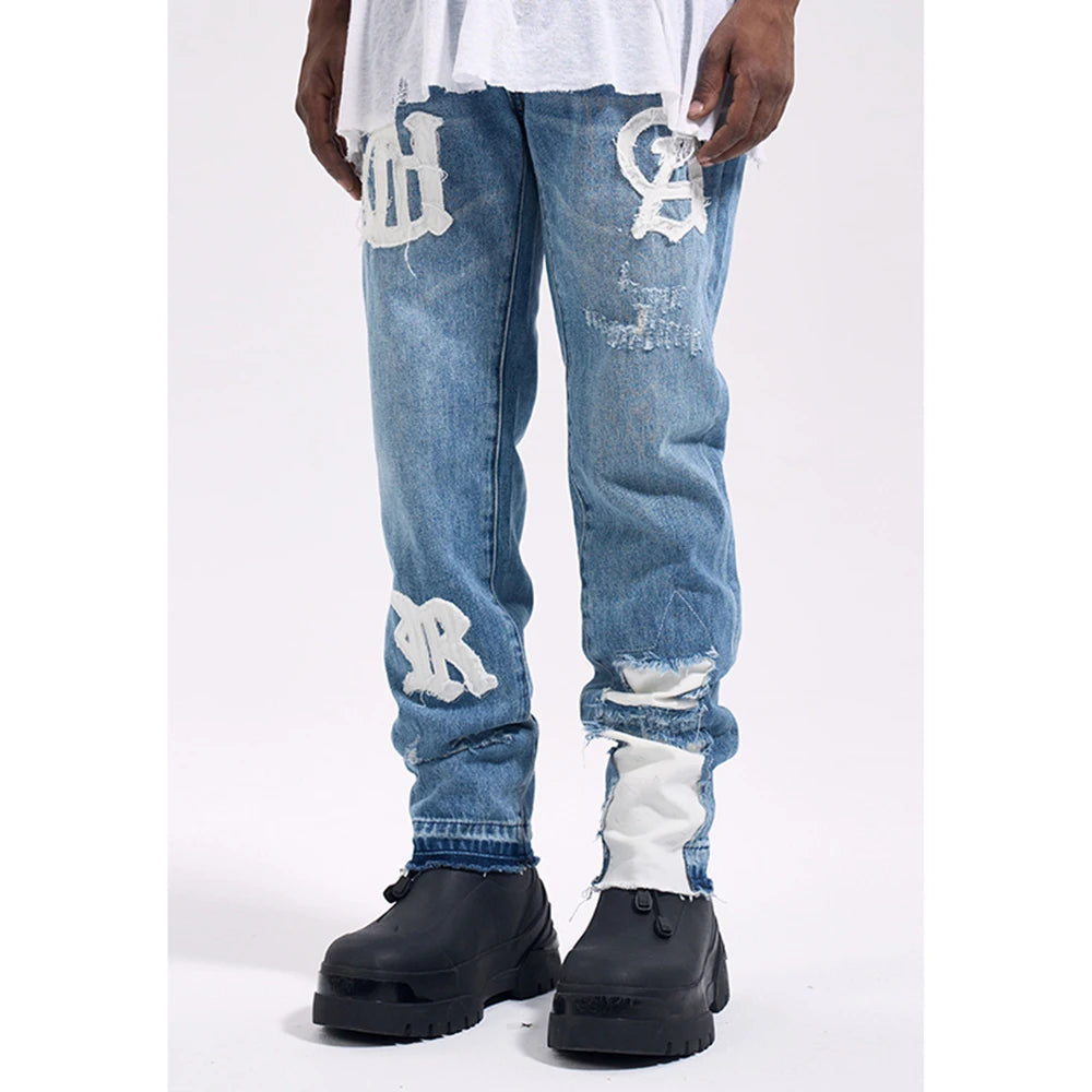 Streetwear High Street Remake Y2k Straight Blue Denim Jeans Trousers for Men