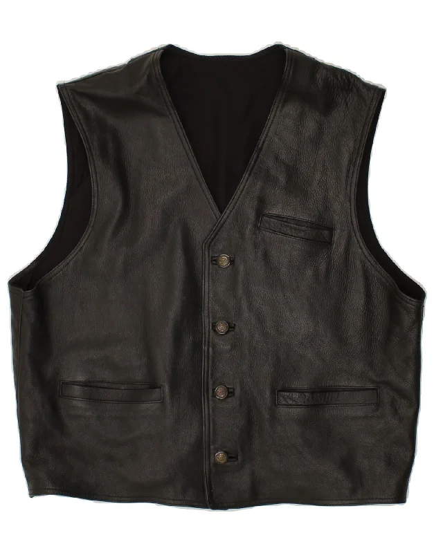 VINTAGE Mens Leather Waistcoat 2XL Black Leather