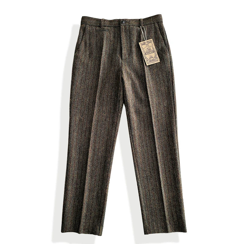Casual Essentials Men's Tweed Pants Straight Mid-waist Business Style Vintage Trousers