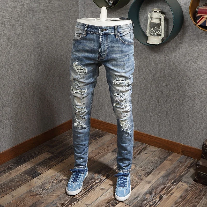 Weekend Outfits Men's High Street Fashion Light Blue Ripped Jeans