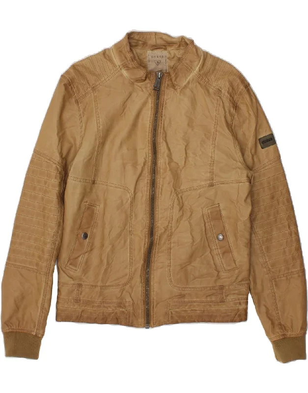 Modern Casuals GUESS Mens Leather Jacket UK 36 Small Brown Leather