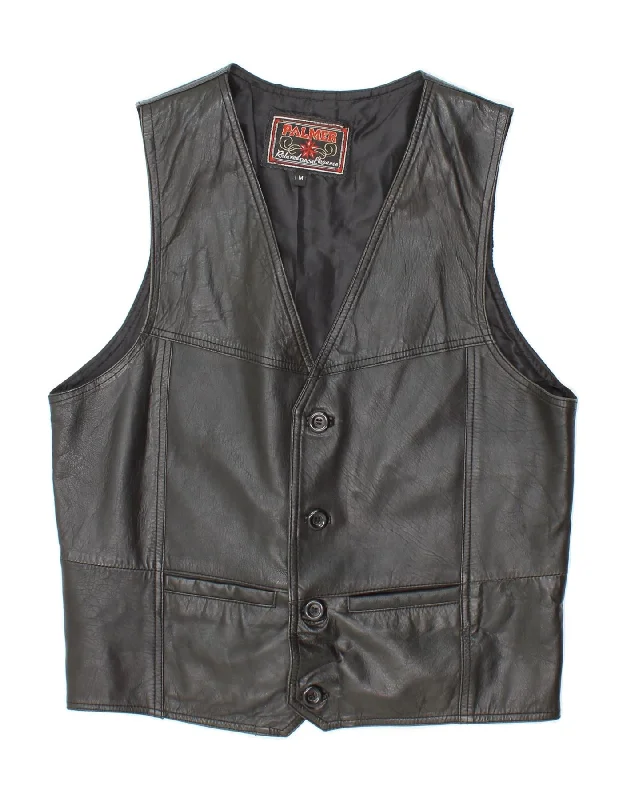 VINTAGE Mens Leather Waistcoat Medium Black