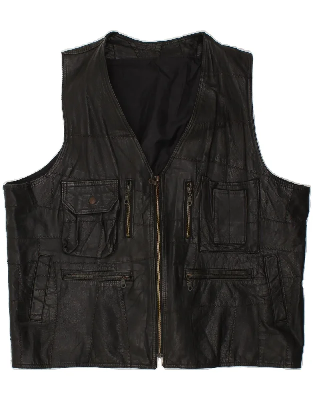 VINTAGE Mens Leather Gilet UK 44 2XL Black