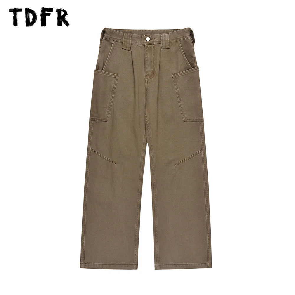 Laid-Back Style Spliced Pocket Cargo Jeans - Casual Washed Distressed Straight Wide Leg Denim Trousers Laid-Back Style Spliced Pocket Cargo Jeans - Casual Washed Distressed Straight Wide Leg Denim Trousers