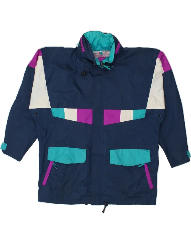 Modern Comfort VINTAGE Mens Hooded Rain Jacket UK 40 Large Navy Blue Colourblock Nylon Modern Comfort VINTAGE Mens Hooded Rain Jacket UK 40 Large Navy Blue Colourblock Nylon