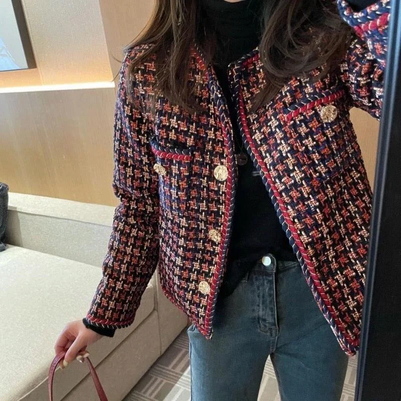 Relaxed Looks Weave Plaid Tweed Jacket Women