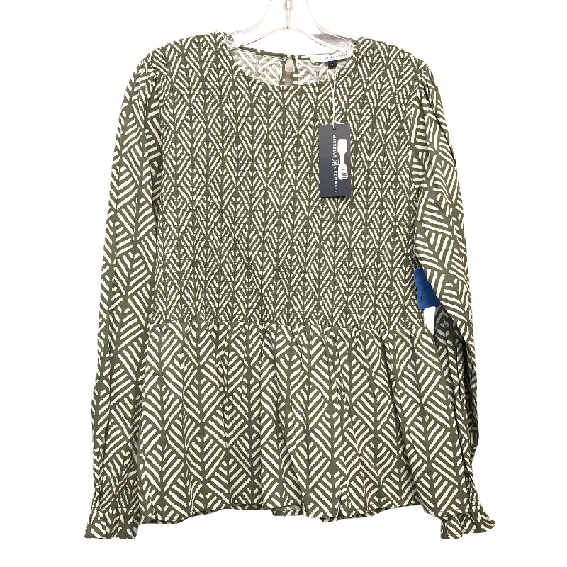 Everyday Wear Top Long Sleeve By MICHELLE MCDOWELL In Green & White, Size: L