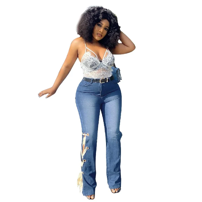 Soft Layers Solid Color Jeans Lace Up Bootcut Trousers