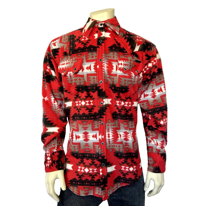 Men's Native Pattern Fleece Western Shirt in Red & Grey