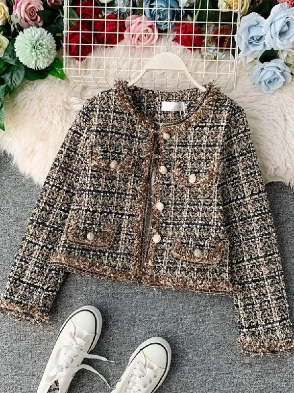 Retro Style Patchwork Vintage Cropped Tweed Jacket Women