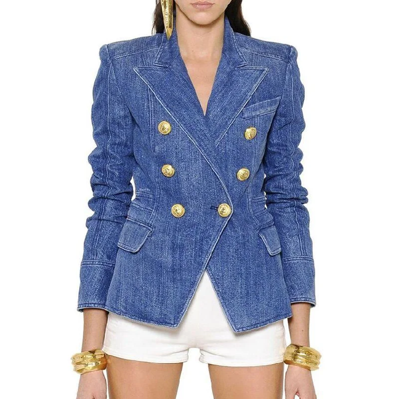 Streetwear Look Lion Buttons Denim Blazer Women - Casual - Plain-Solid