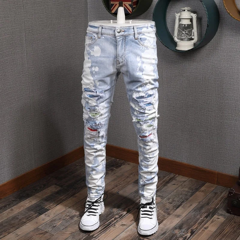 Urban Gear Men's Patchwork Distressed Slim Fit Jeans