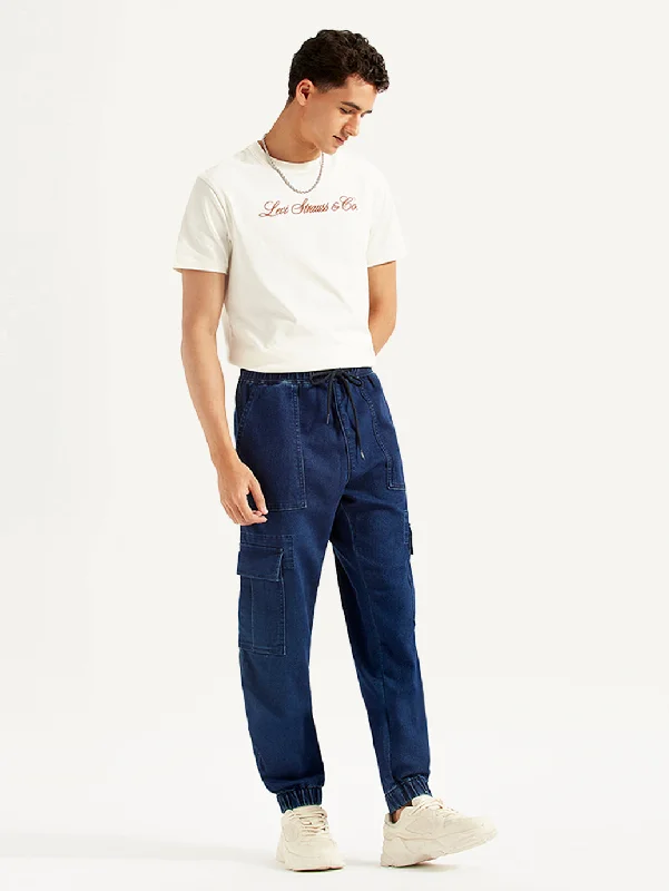 Casual Wear Men's Tapered Dark-Blue Cargo Jogger Jeans