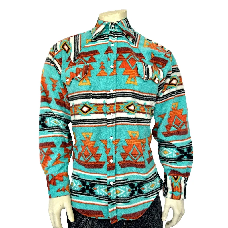 Men's Native Pattern Fleece Western Shirt in Turquoise & Red