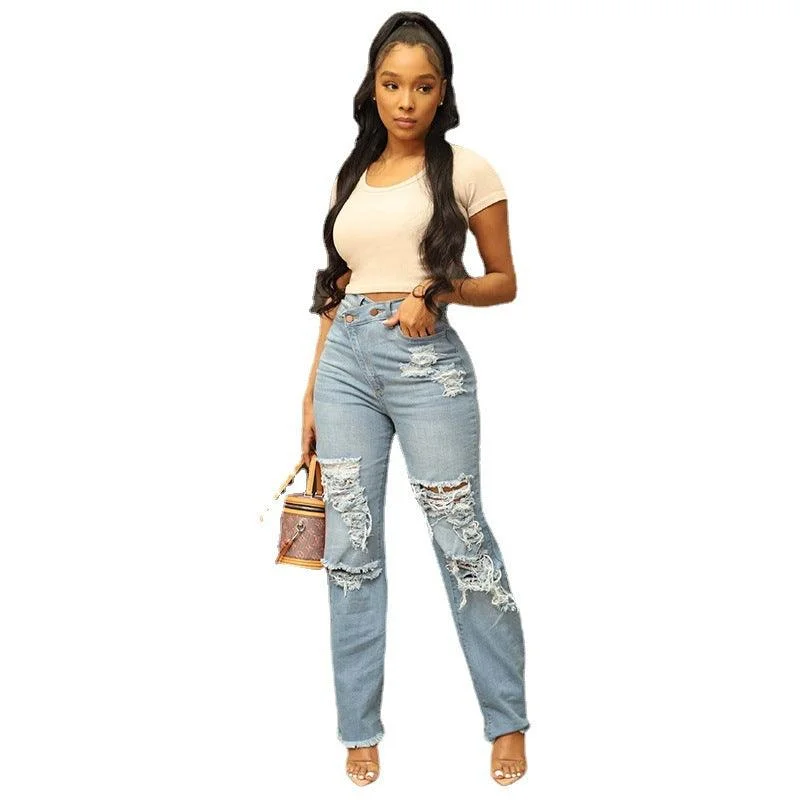 Classic Wear Washed High Waist Straight Ripped Jeans