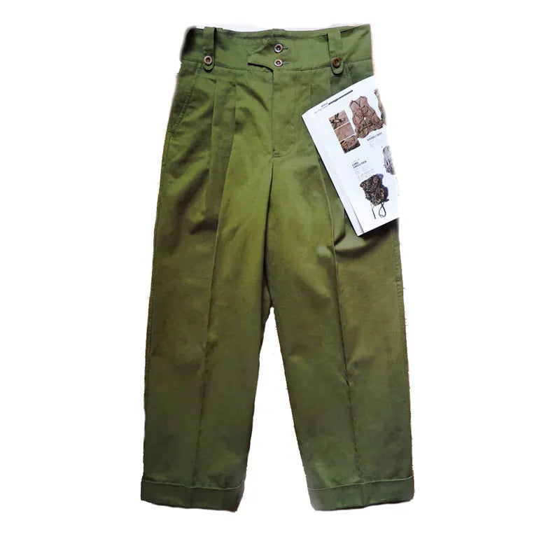 Laid-Back Style Men's Double Pleated British Army Pants - High Waist Wide Legs