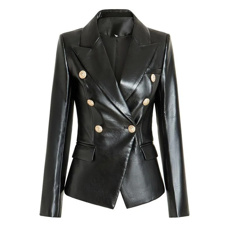 Sports Pants Black Leather Blazer Women - Formal-Business - Plain-Solid