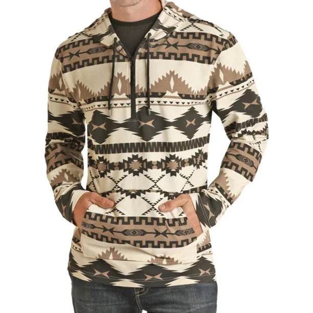 Comfortable Style Powder River Men's Printed Aztec Quarter Zip Hoodie-Earthtones