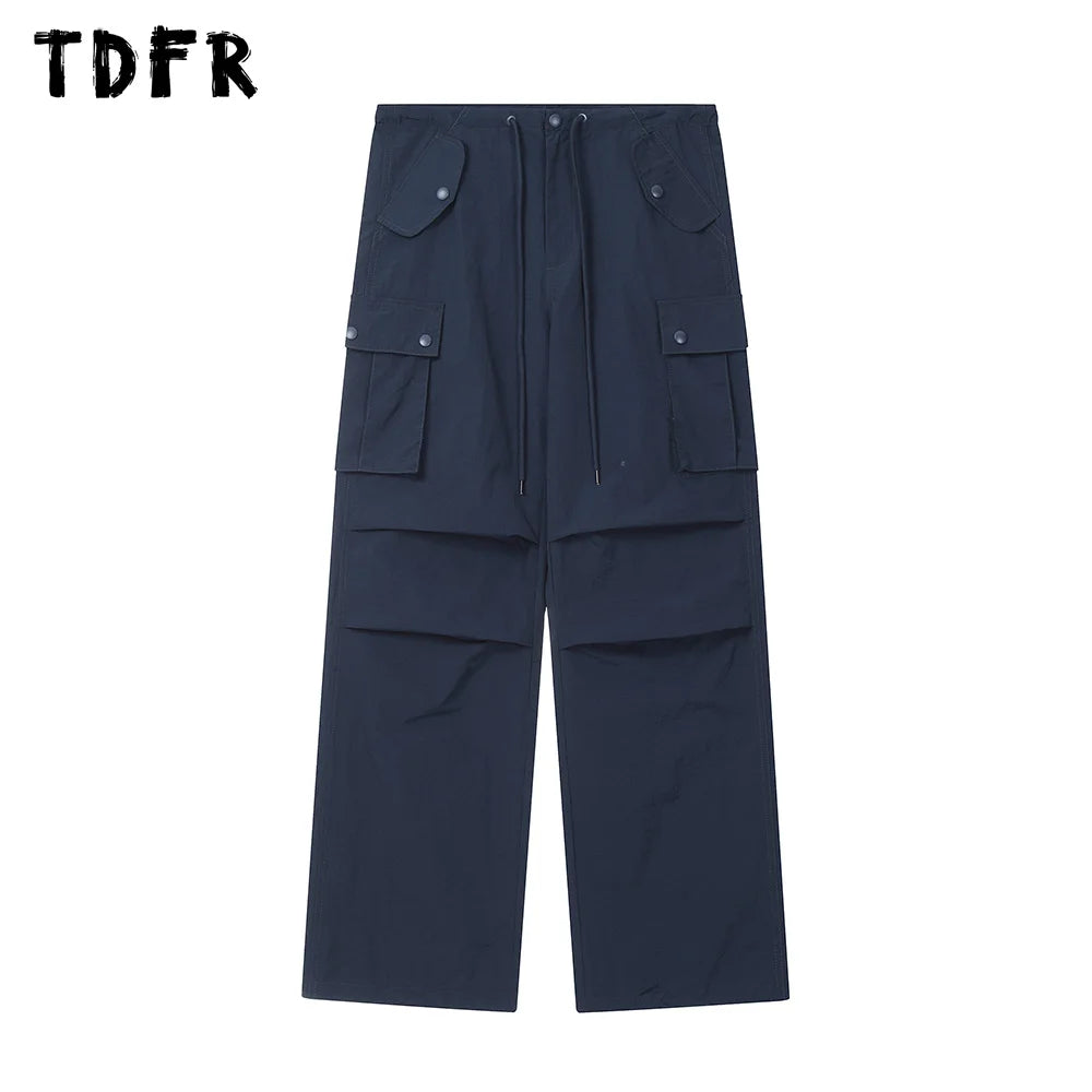 Versatile Outfits Solid Color Cargo Pants with Drawstring Elastic Waist - Loose Straight Wide Leg