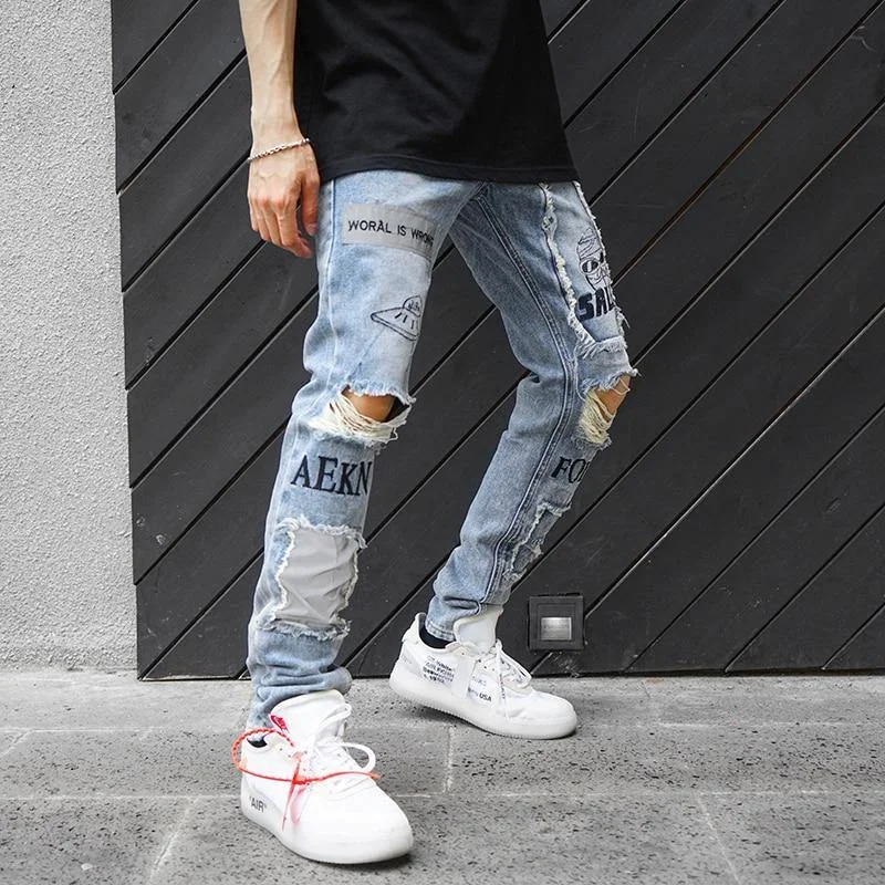 Men's Streetwear Letter Print Patchwork distressed Jeans