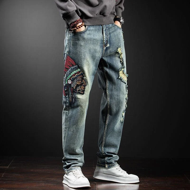 Stylish Comfort Men's Embroidery Distressed Loose Fit Jeans